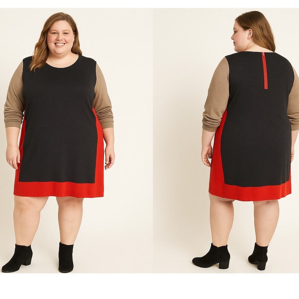 Eliza J 3X Colorblock Knit Dress – Black,‎ Camel & Red with Gold Zipper